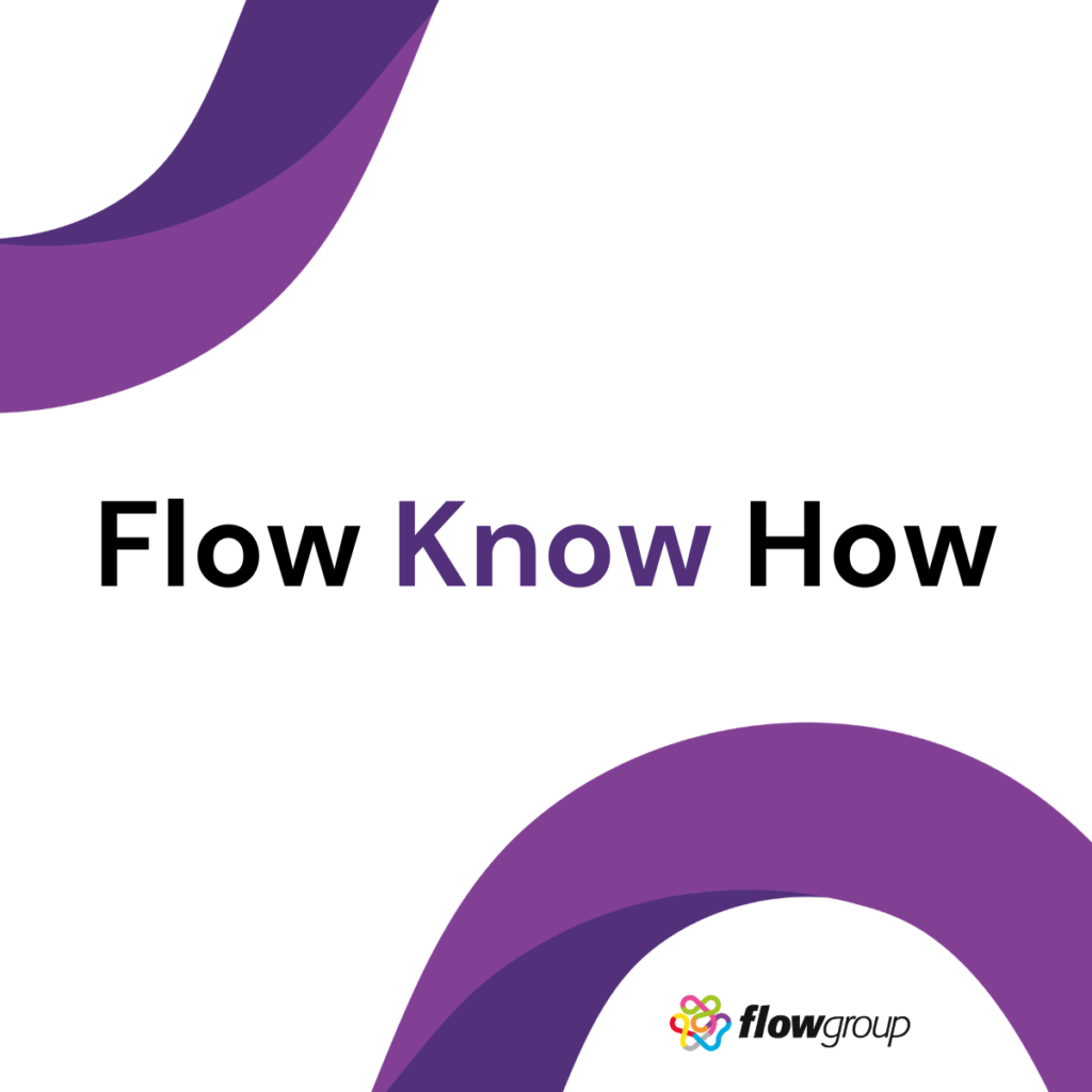 “Flow Know How” text with purple-curved design and flowgroup logo on white background.