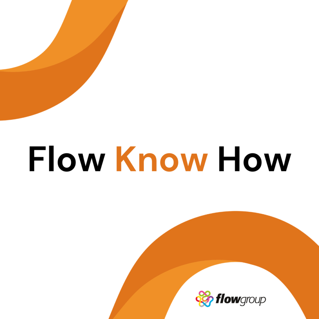 Flow Know How text with orange swoosh design and flowgroup logo at the bottom on white background.