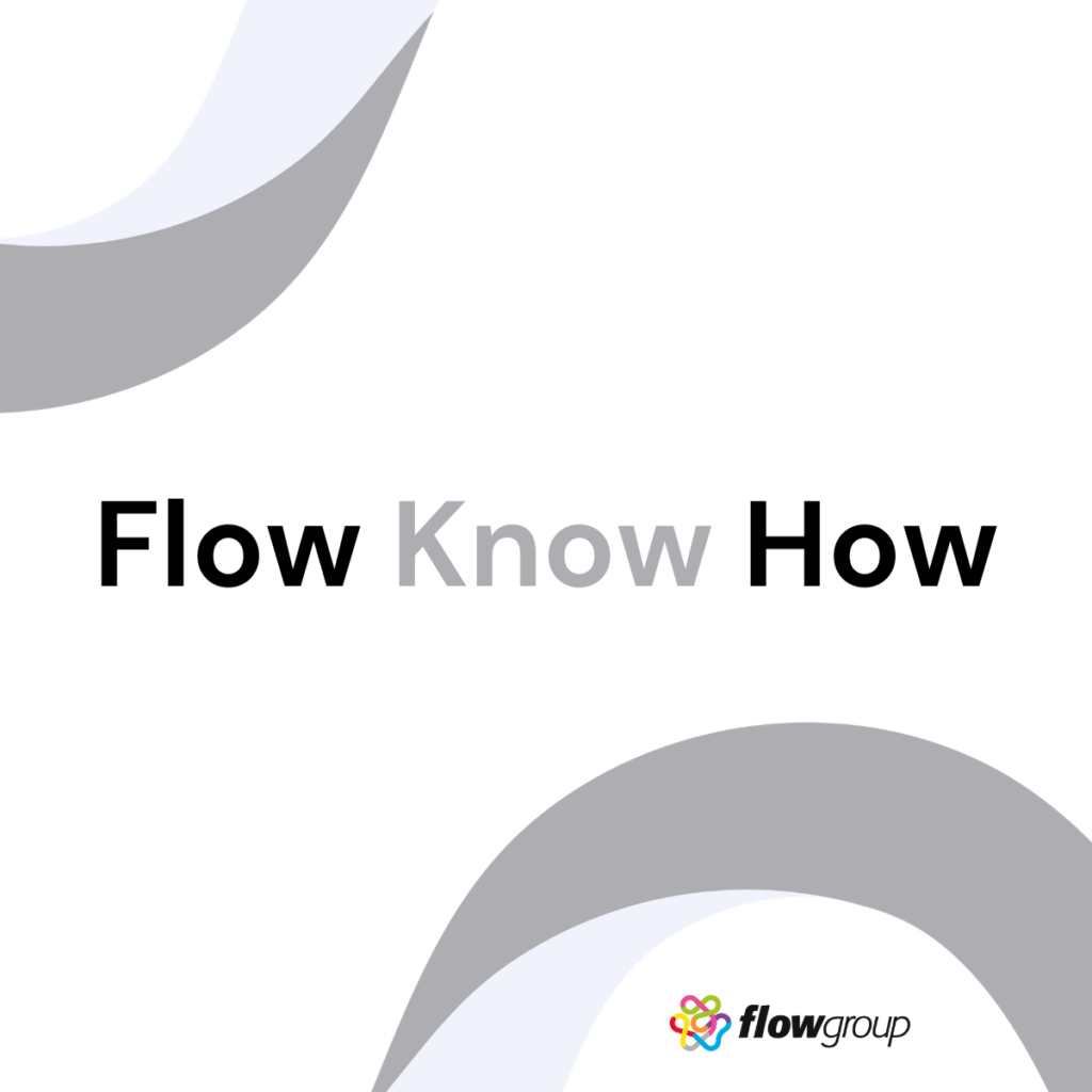 Flow Know How text on abstract gray and white design with flowgroup logo at the bottom center.
