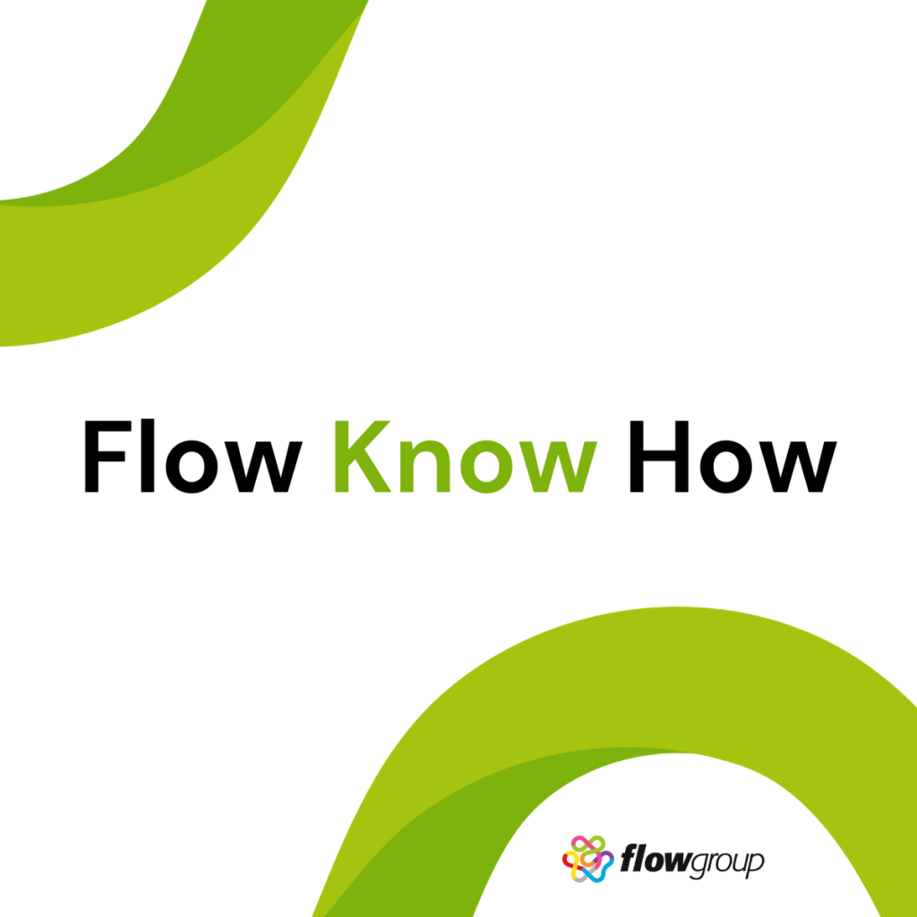 Flowgroup branding image with text 'Flow Know How' and dynamic green curves on white background.