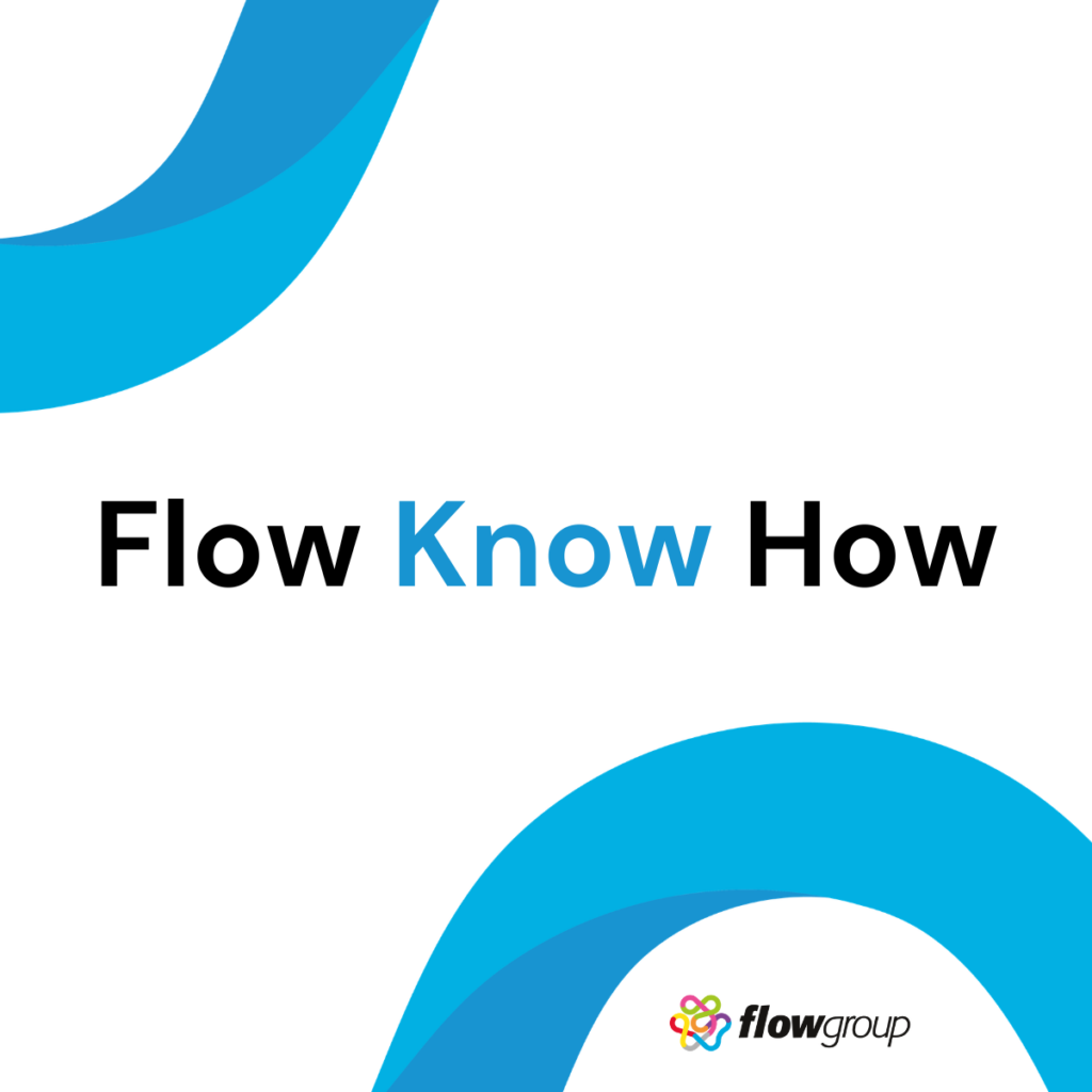 Flow Know How text with blue curves and flowgroup logo on white background.