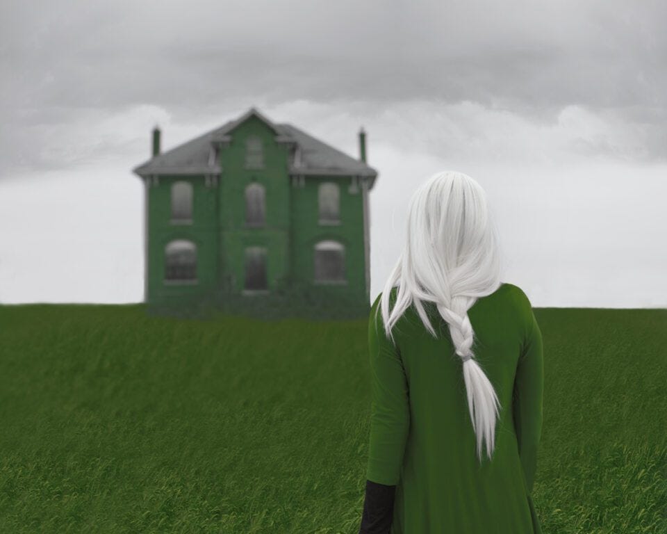 Person with long white hair in green dress facing an old green house on a cloudy day.