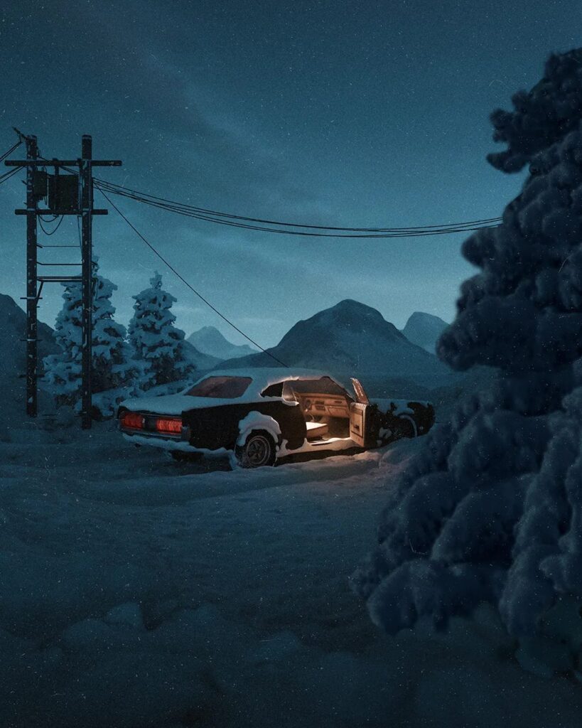 Vintage car in snowy landscape at night, open door glowing warmly, surrounded by trees and mountains under a starry sky.