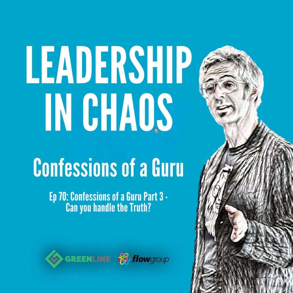 Podcast cover: Leadership in Chaos - Confessions of a Guru, featuring a sketched person on blue background.