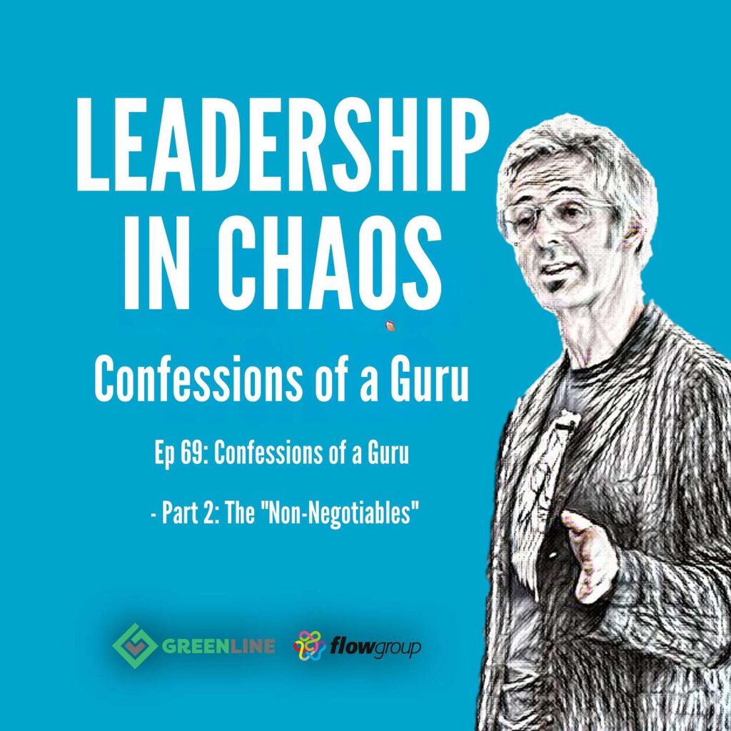 Illustrated person speaking about leadership; text reads Leadership in Chaos: Confessions of a Guru with episode details.
