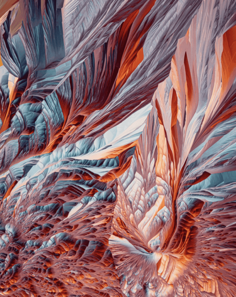 Abstract fractal art with vibrant orange and blue patterns resembling crystalline structures.