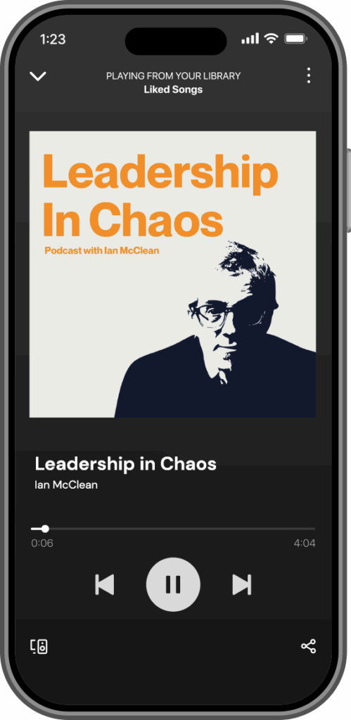 Podcast cover on phone screen for Leadership in Chaos with silhouette of person in glasses.