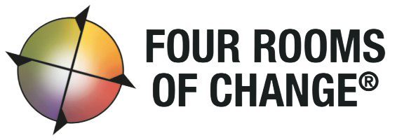Logo with a color gradient compass and text Four Rooms of Change on the right.