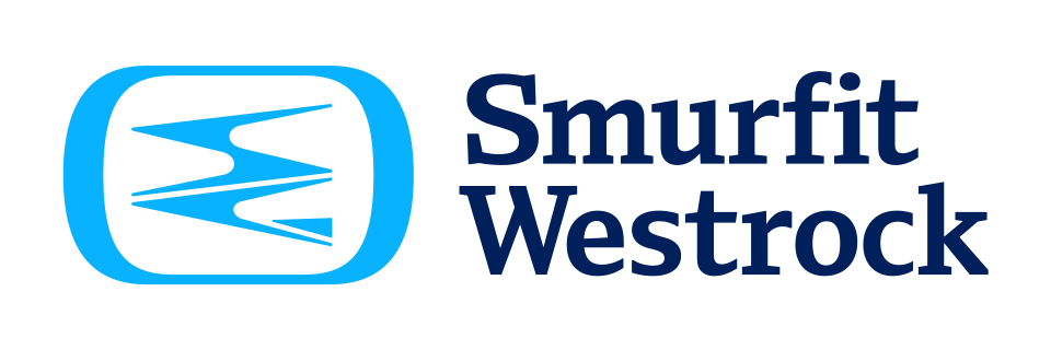 Blue and white Smurfit Westrock logo with abstract design on the left and company name on the right.