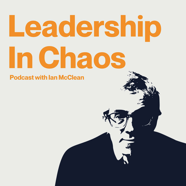 Podcast cover for Leadership In Chaos with silhouette of a person wearing glasses on a light background.