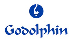 Blue Godolphin logo with stylized horse head and Arabic calligraphy.