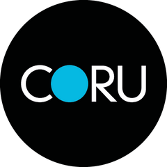 Black circle logo with CORU text, featuring a bright blue dot replacing the O.