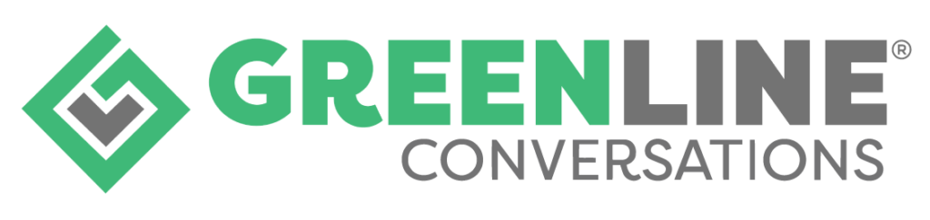 Logo of Greenline Conversations with green, black, and gray text and geometric design on left side.