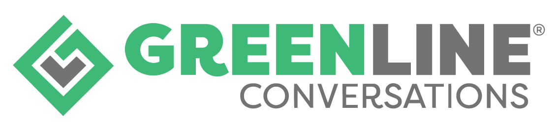 Logo of Greenline Conversations with green, black, and gray text and geometric design on left side.
