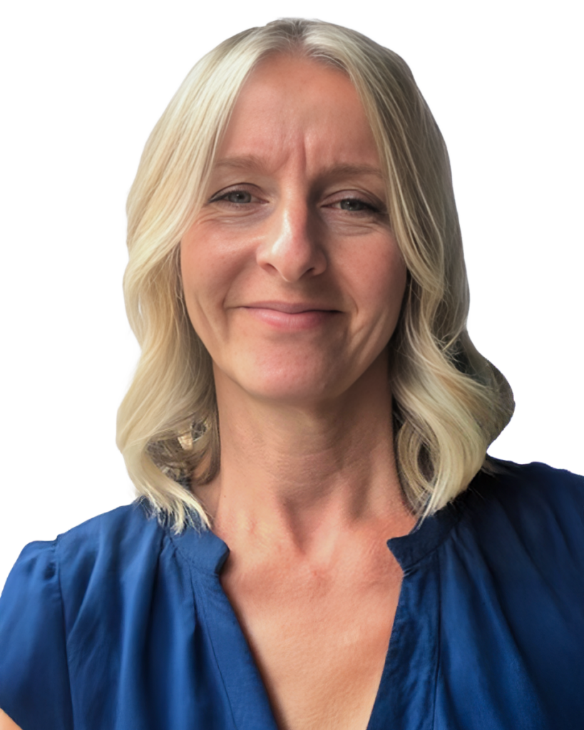 Smiling person with blonde hair wearing a blue blouse against a white background.