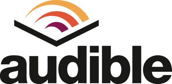 Audible logo with stylized soundwaves in orange and purple, and black text below.